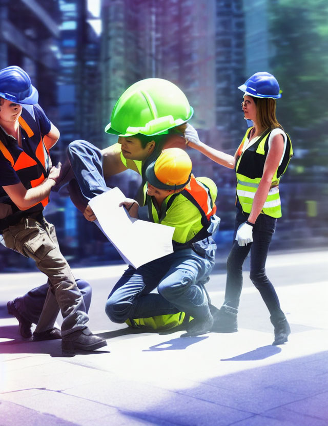 Urban construction workers in safety vests and helmets reviewing plans