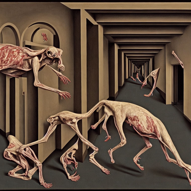 Surreal artwork of skeletal creatures in arch-lined hallway