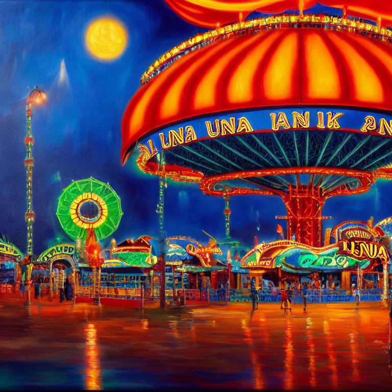 Colorful illuminated amusement park at night with Ferris wheel and vibrant atmosphere