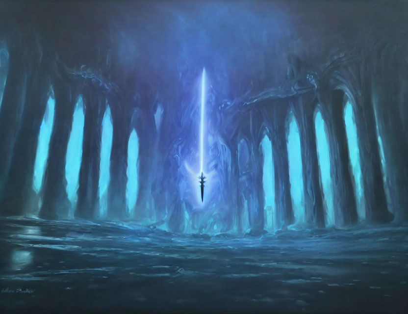Subterranean cavern with blue-lit pillars and luminous crystal.