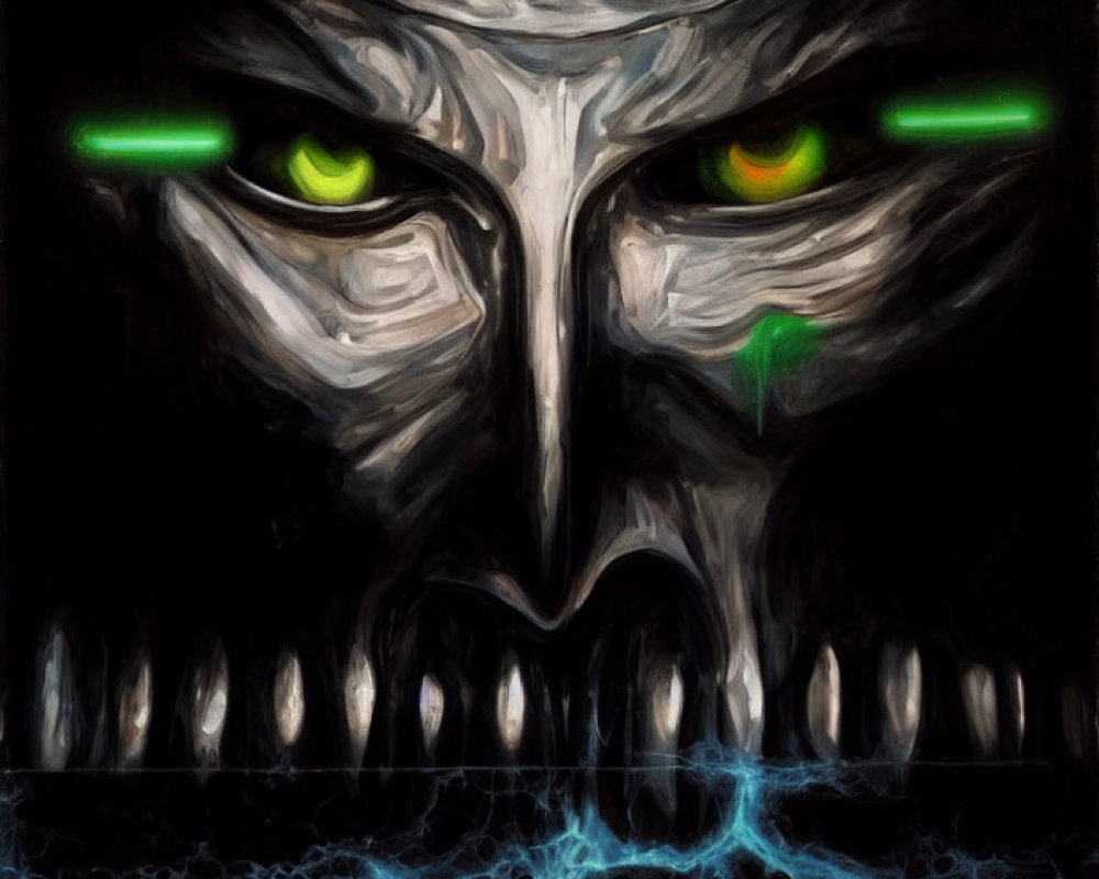 Surreal painting of menacing face with glowing green eyes and sharp teeth
