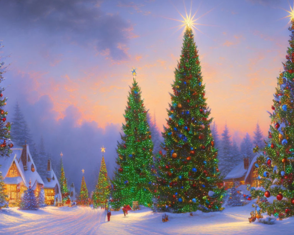 Snow-covered Christmas scene with decorated trees and glowing lights