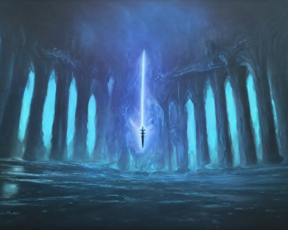 Subterranean cavern with blue-lit pillars and luminous crystal.