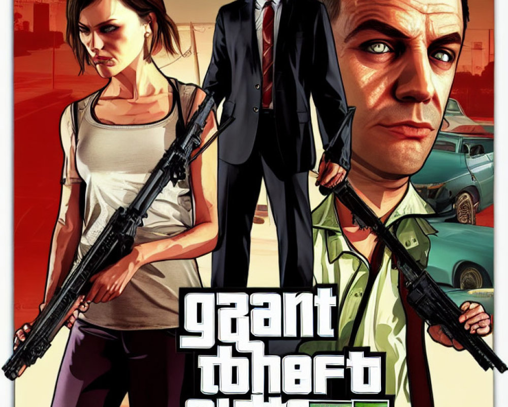 Armed characters and suited man in urban GTA V illustration