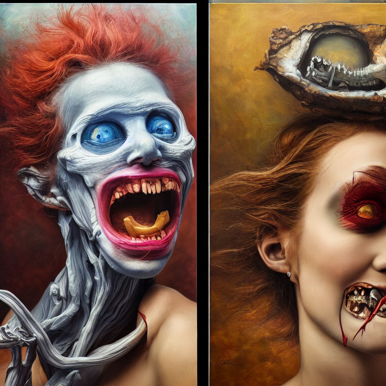 Surreal diptych: vivid portraits with exaggerated features and cavernous eye socket.