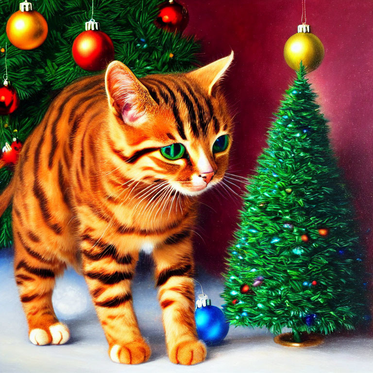 Orange Tabby Cat with Green Eyes Beside Christmas Tree