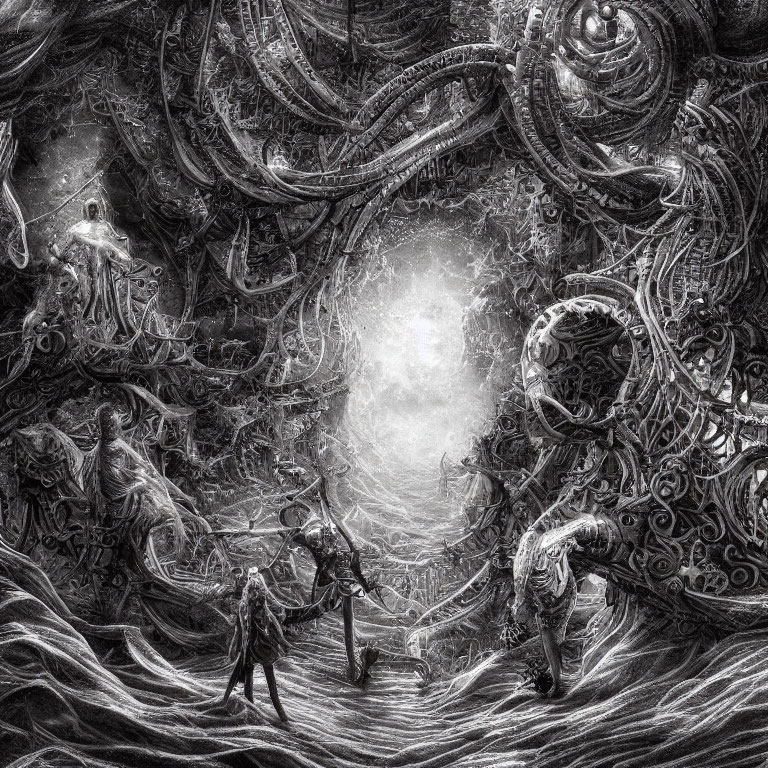 Monochrome fantastical artwork with alien tendrils and humanoid figures