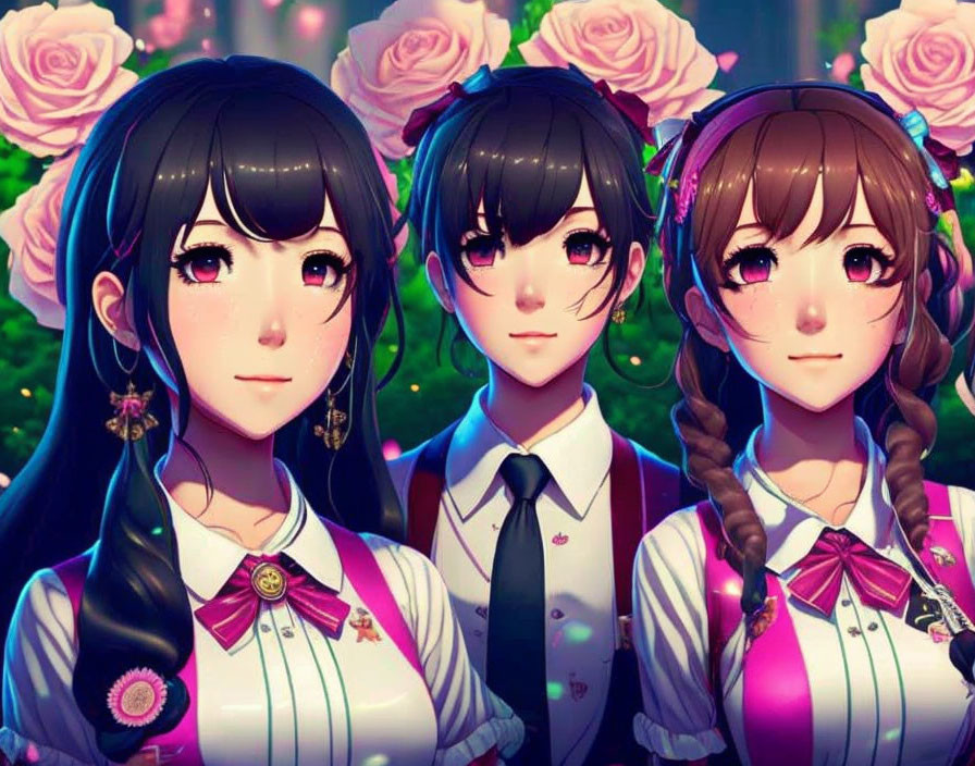 Three Anime-Style Girls in Uniforms with Unique Features