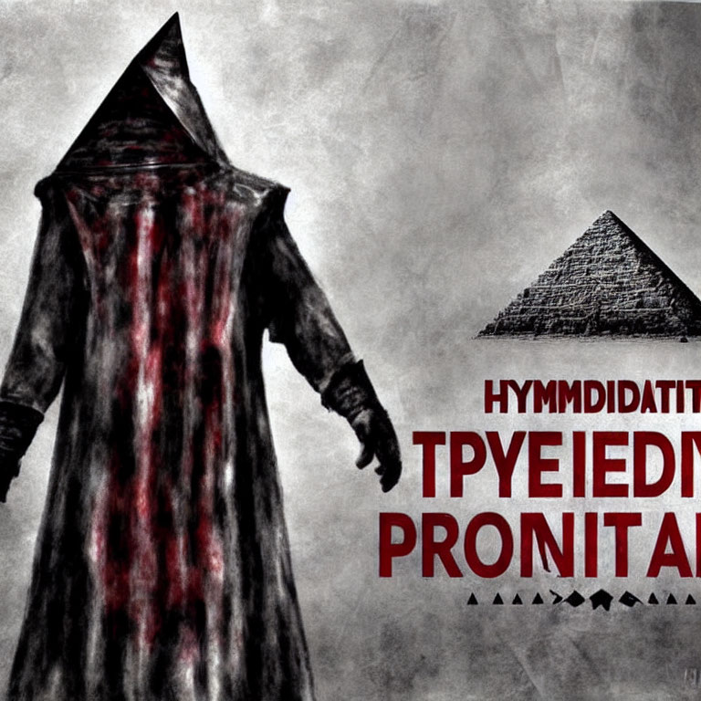 Hooded figure in blood-stained cloak at pyramid with cryptic symbols