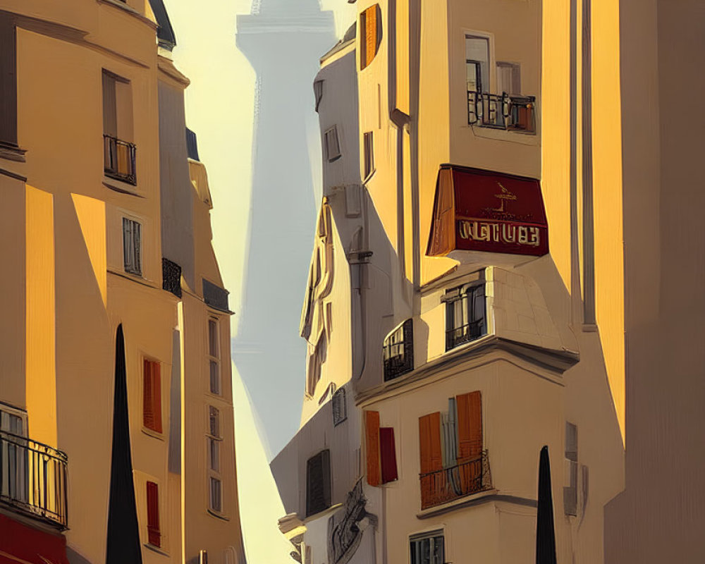 Sunlit Parisian Street with Beige Buildings and Eiffel Tower Illustration