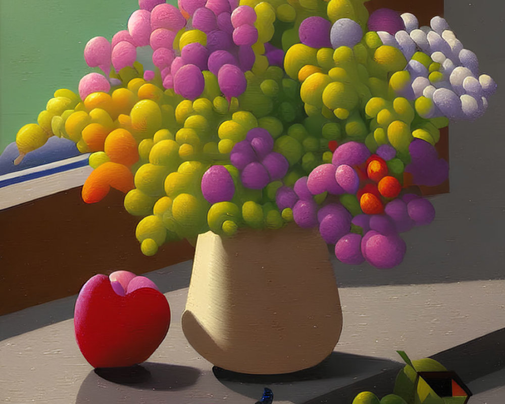 Colorful balloon-like flowers in vase with fruit, pins, paper crane on table.