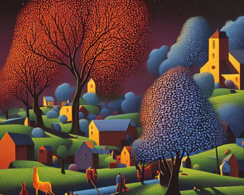 Vibrant village scene with oversized trees, church, houses, and figures at dusk.
