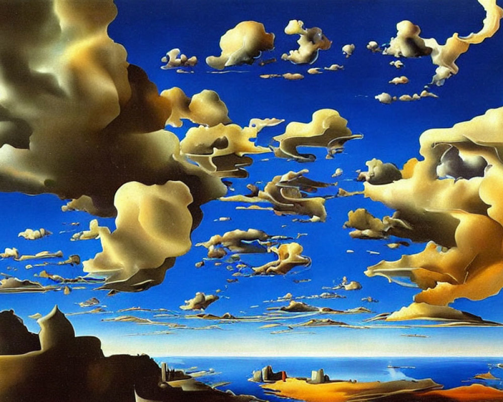 Surrealistic Painting: Floating Clouds Over Desert Landscape