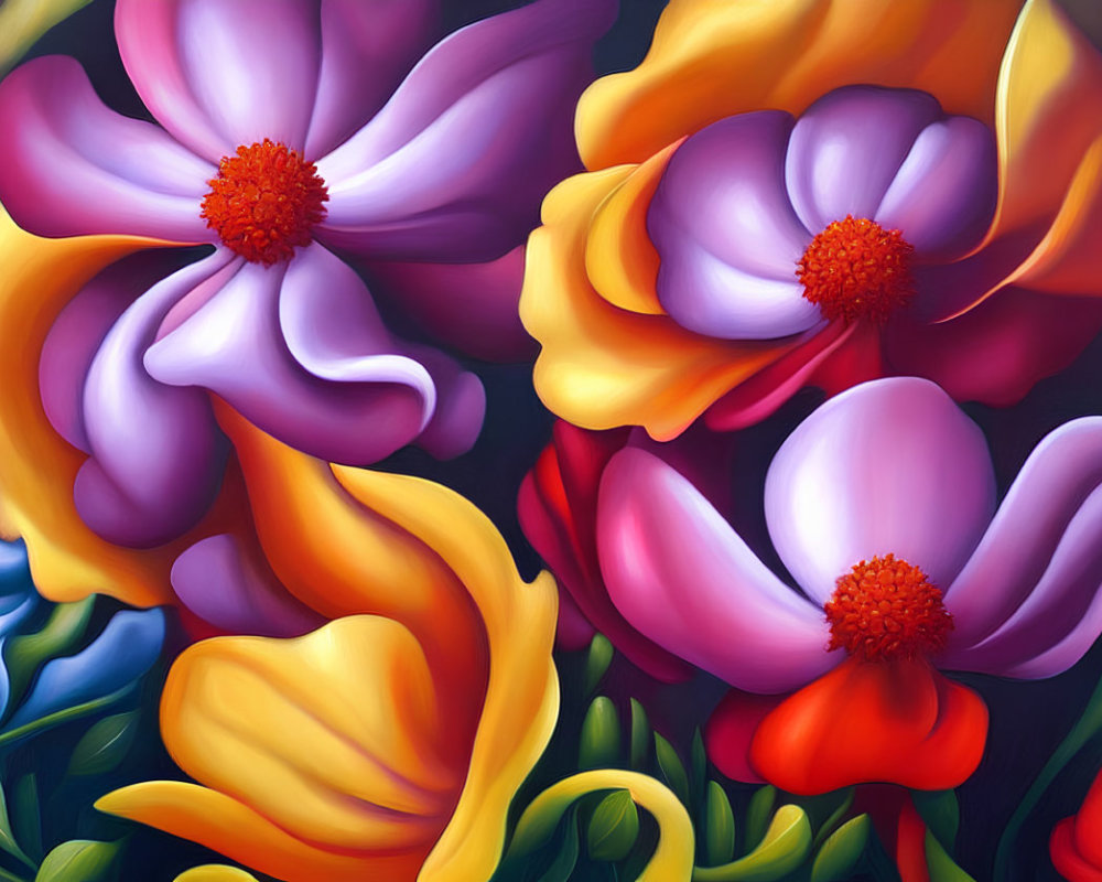 Colorful digital painting of stylized flowers in purple, yellow, and red on dark background