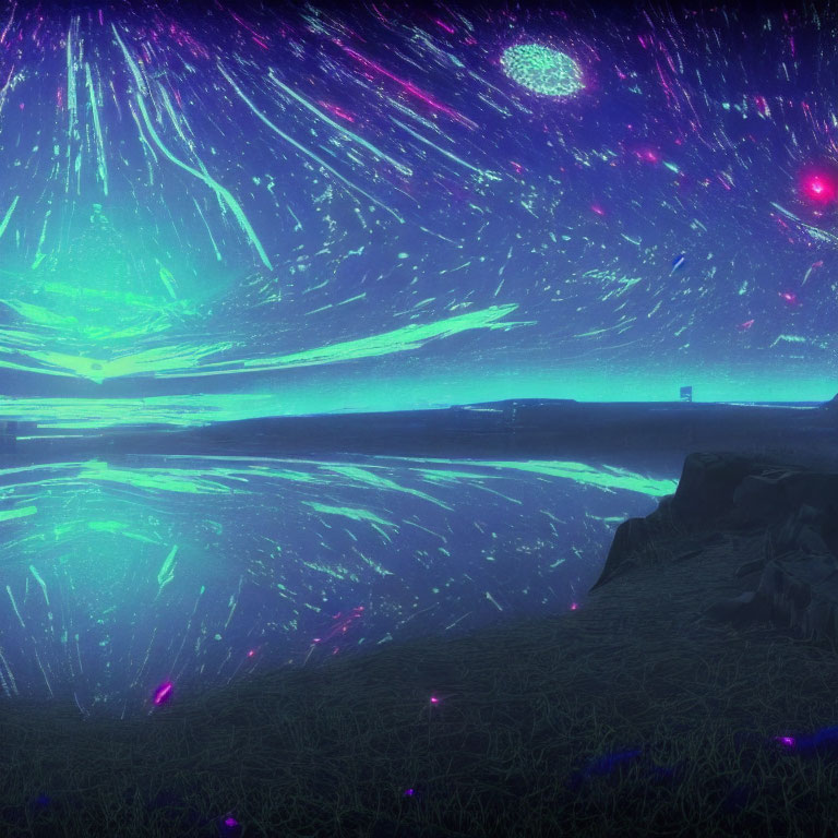 Surreal landscape with radiant night sky, neon flora, and reflective water