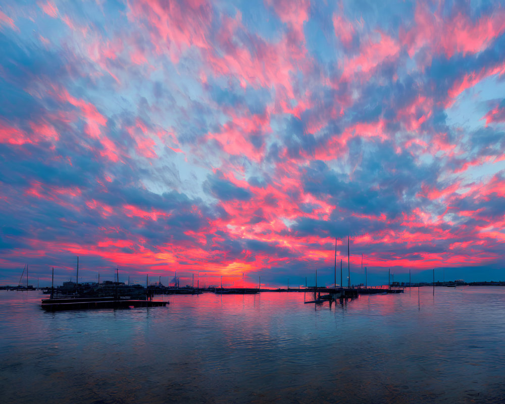 Fiery red and blue sunset over calm bay with sailboats and jetty