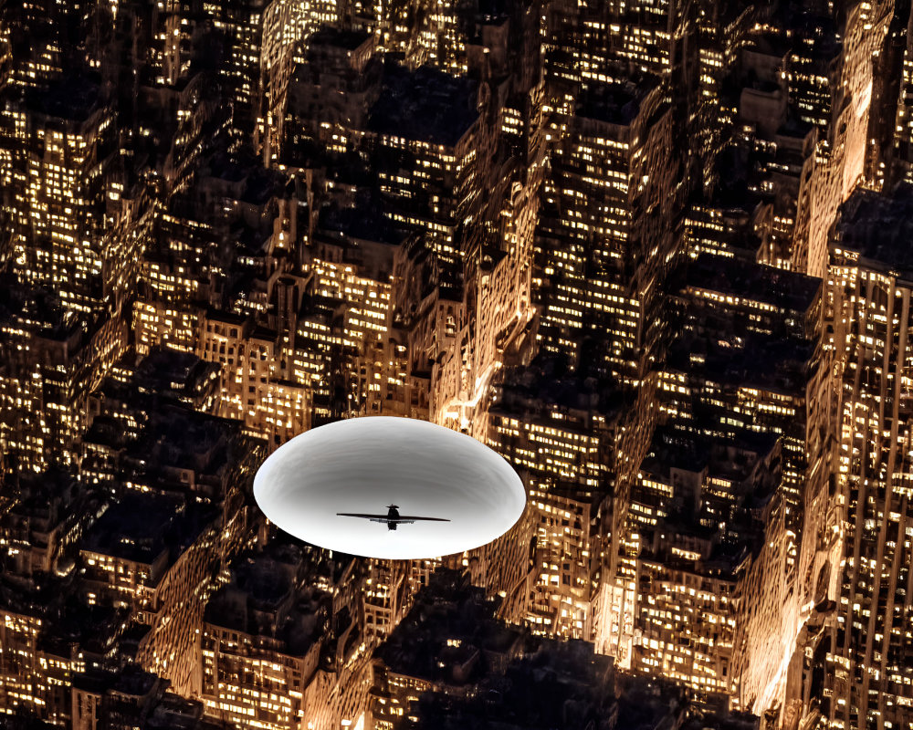 Cityscape at Night with Airplane and Zeppelin in Aerial View
