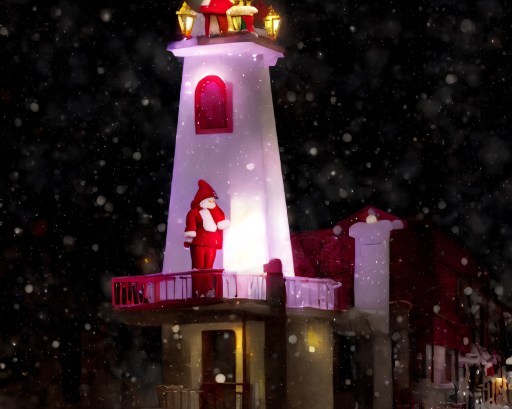 Snowy Night Scene: Festive Lighthouse Decorated with Santa Figures and Lanterns