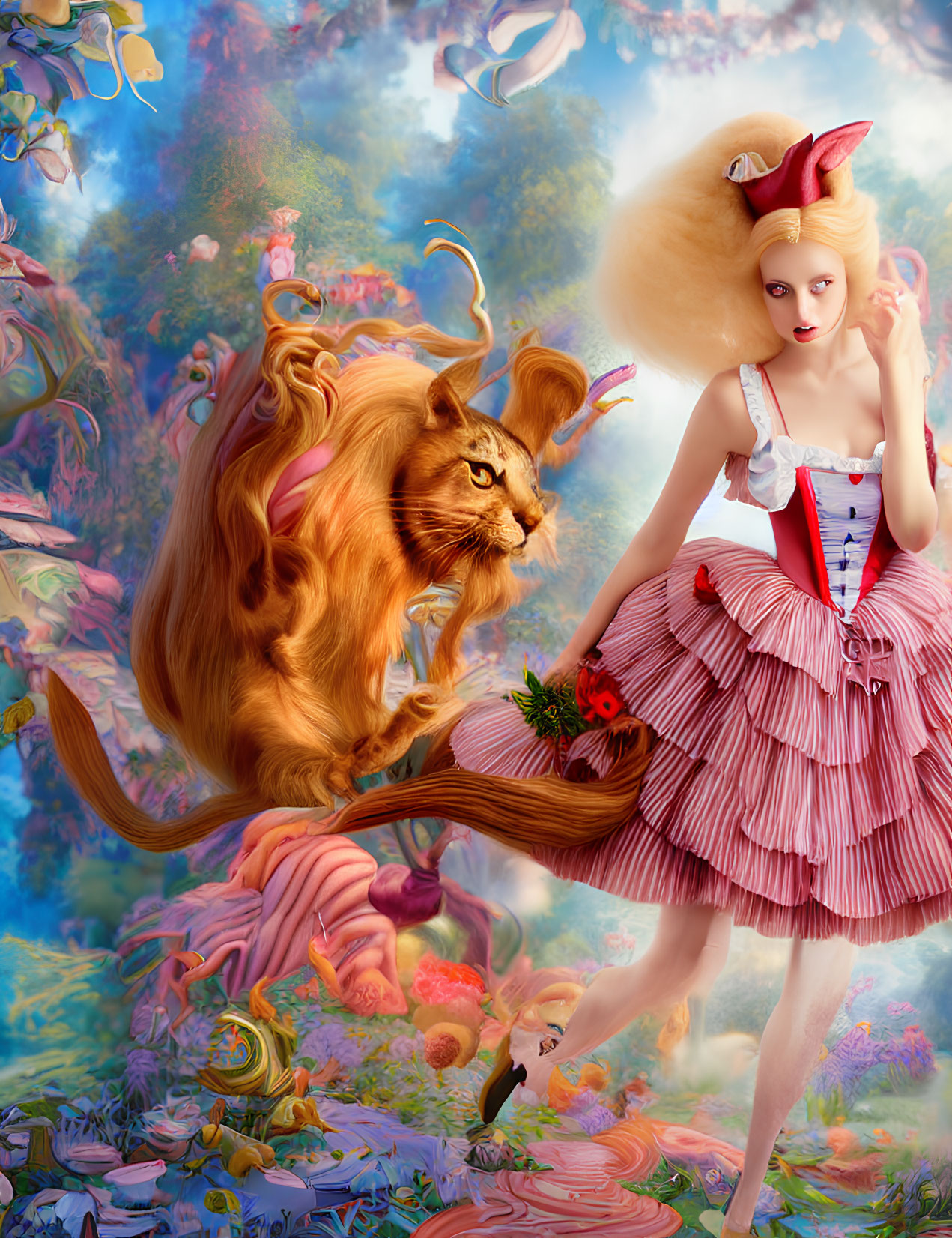 Fantastical scene: Woman in red and white dress with lion-like creature in dreamy backdrop