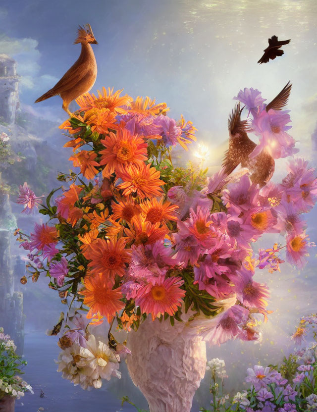 Colorful orange and pink flower bouquet in classical vase with birds, misty cliffs background