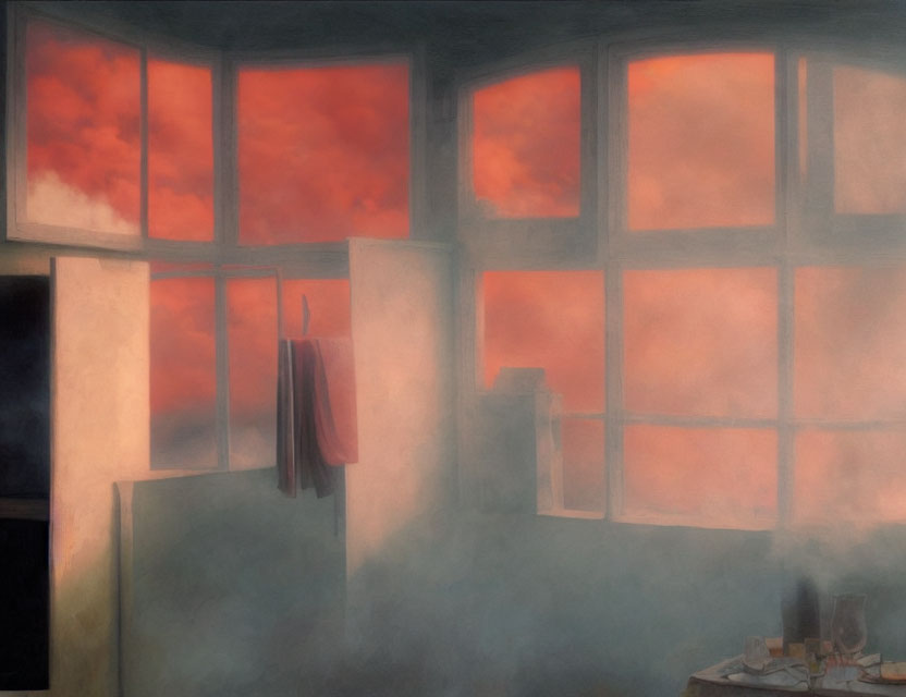 Dimly Lit Room with Red Sky View and Robe Hanging on Window