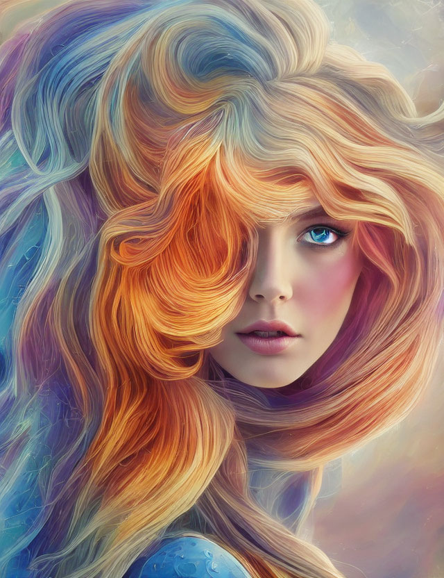 Colorful digital artwork: Woman with multicolored hair and blue eyes