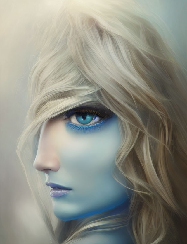 Blue-skinned person with vibrant eyes and blonde hair portrait.