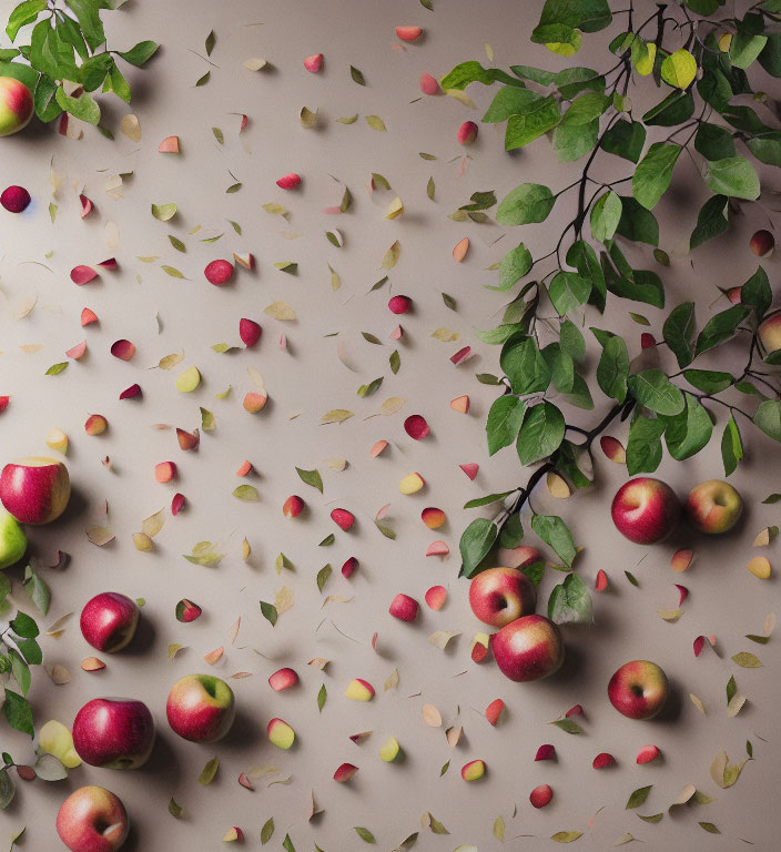 Red Apples and Leaves Arrangement on Beige Surface with Green Foliage