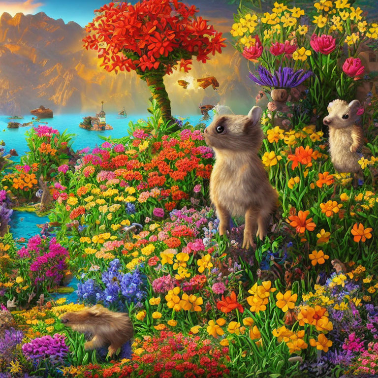Colorful Flower Garden with Playful Kittens by Serene Lake