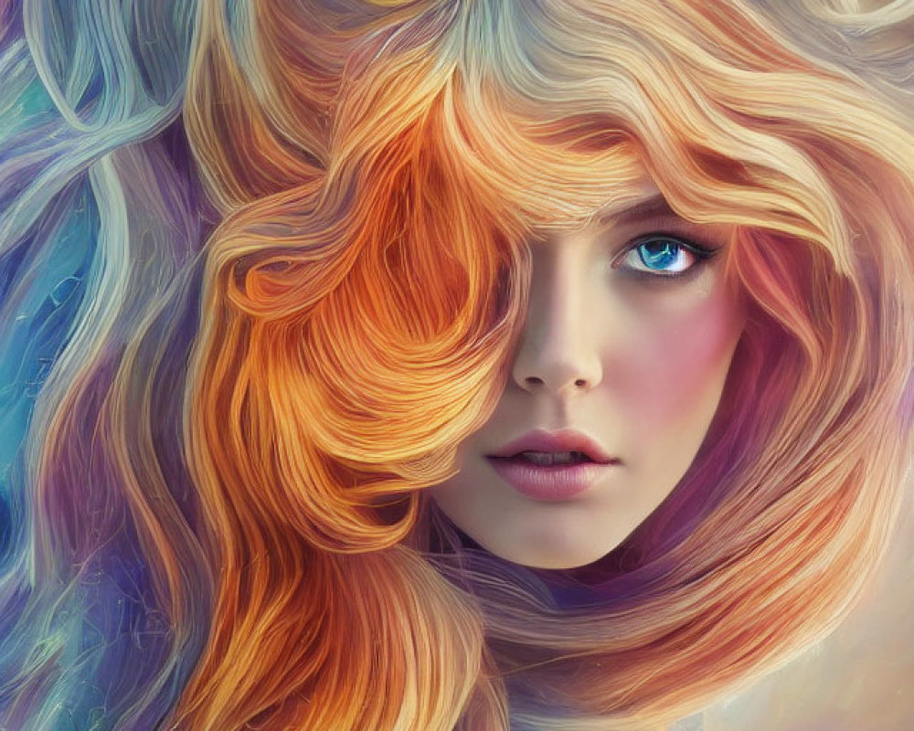 Colorful digital artwork: Woman with multicolored hair and blue eyes