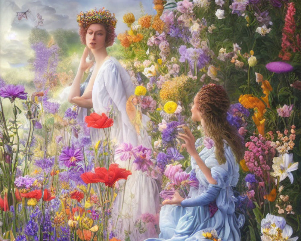 Two Women in Flowing Dresses in Colorful Garden