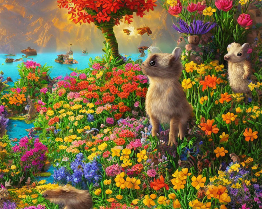 Colorful Flower Garden with Playful Kittens by Serene Lake