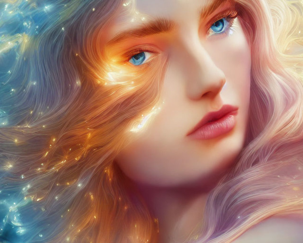 Woman's Portrait: Glowing Starry Hair & Blue Eyes in Vibrant Colors