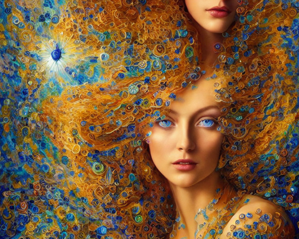 Women with golden hair and peacock feather designs, blue eyes, painterly effect