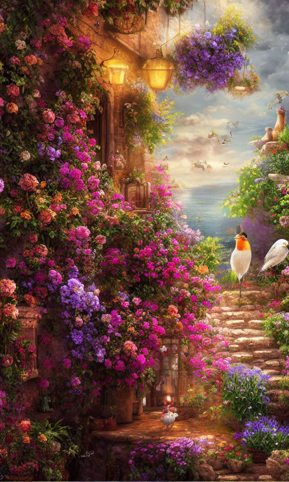 Blooming garden path with lanterns and stork by serene seascape