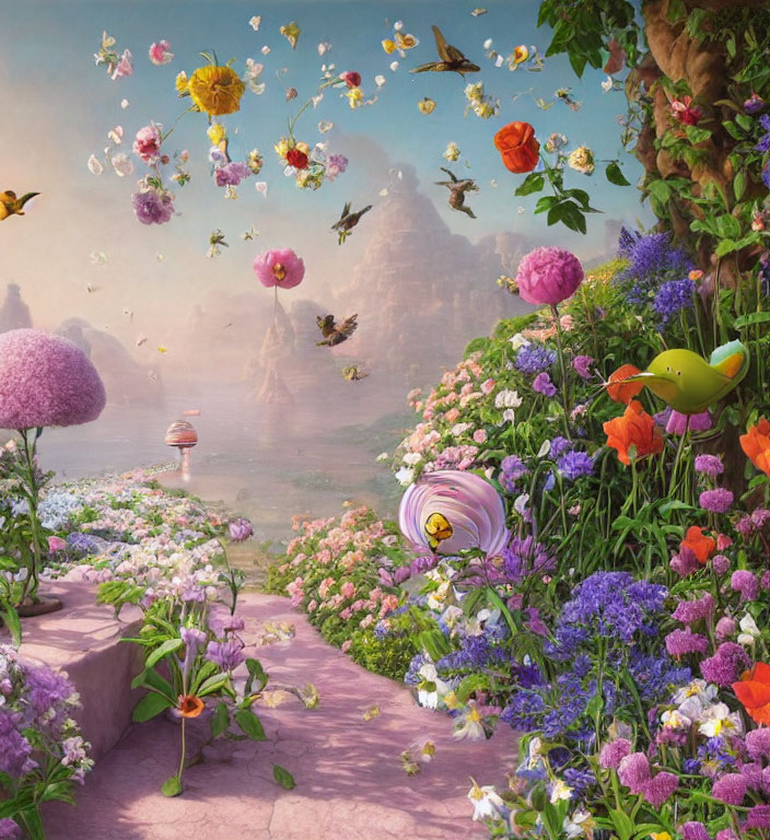 Colorful Flower Garden with Birds and Floating Islands