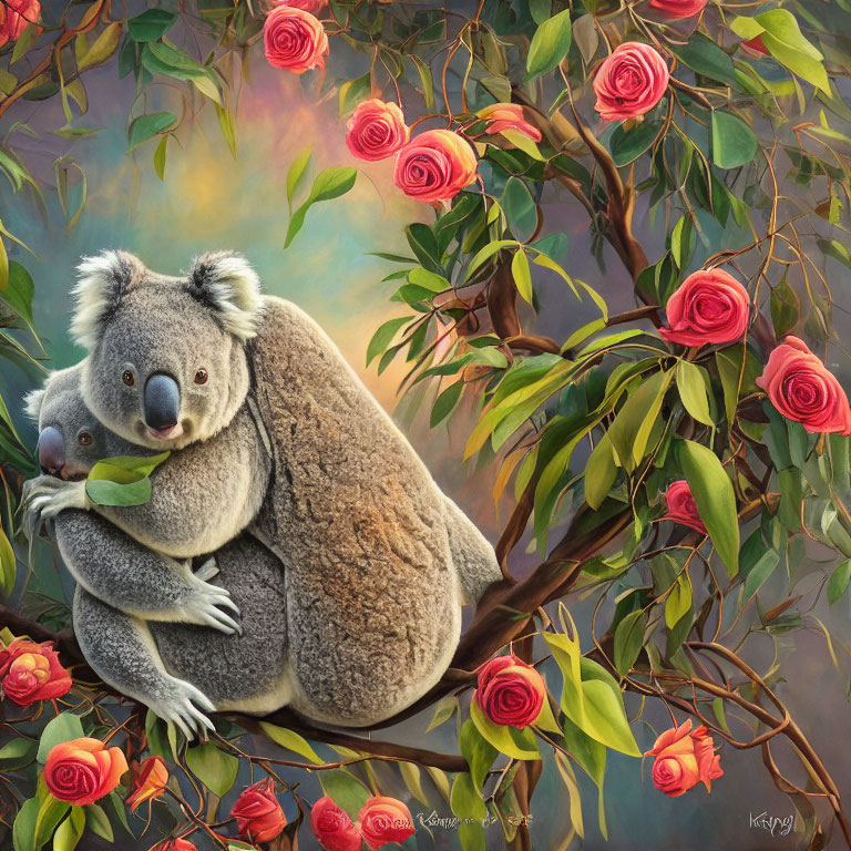 Digital painting of koalas embracing on tree branch with greenery and pink roses