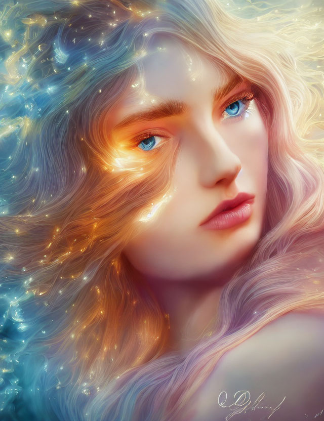 Woman's Portrait: Glowing Starry Hair & Blue Eyes in Vibrant Colors
