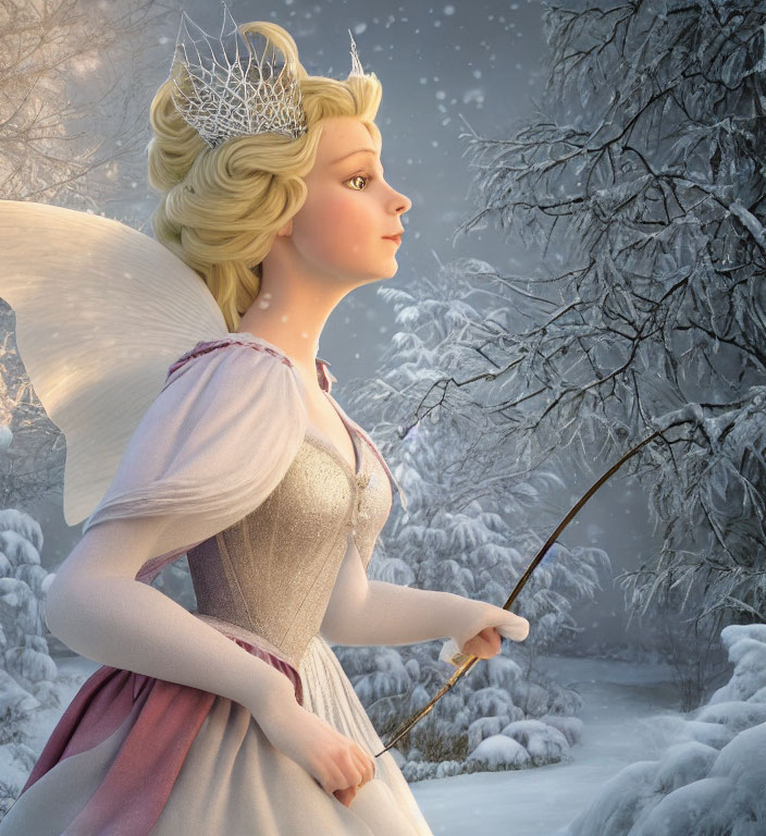 Translucent-winged fairy with wand in snowy forest
