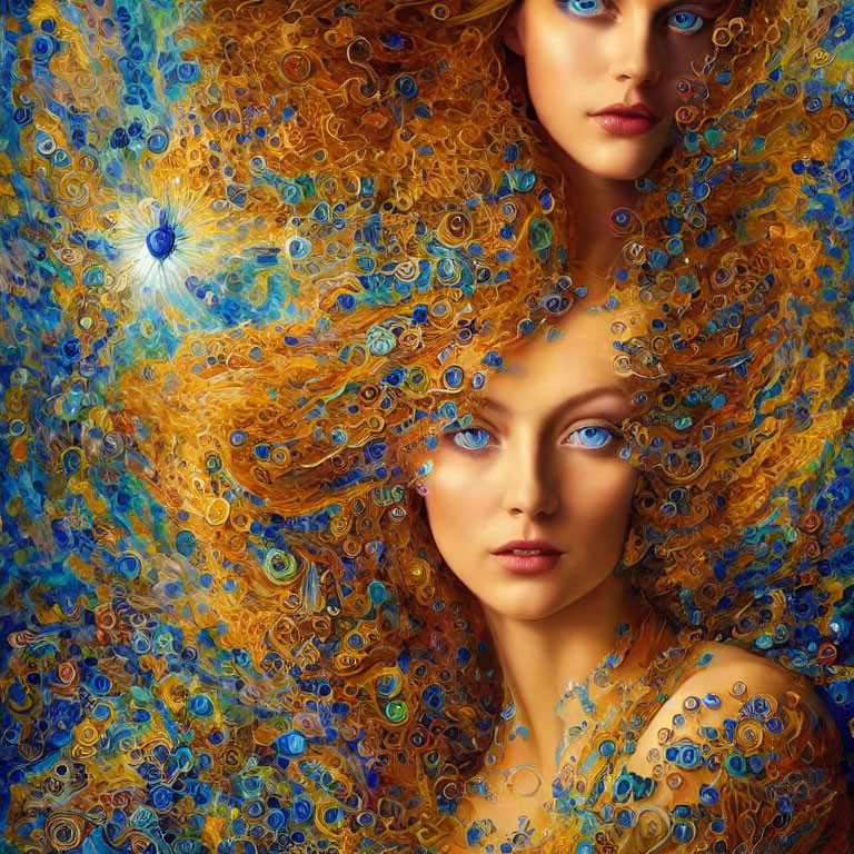 Women with golden hair and peacock feather designs, blue eyes, painterly effect