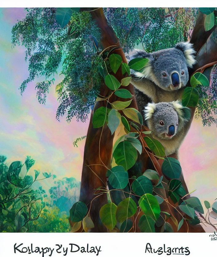 Colorful Artwork of Two Koalas in Eucalyptus Tree