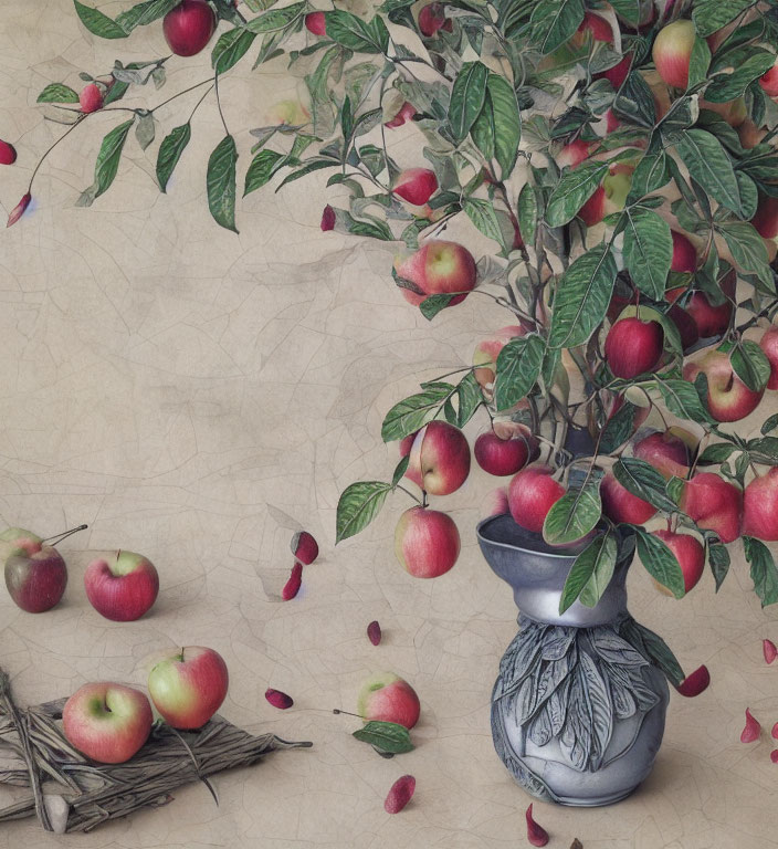 Red apples in still life arrangement on beige background with gray vase