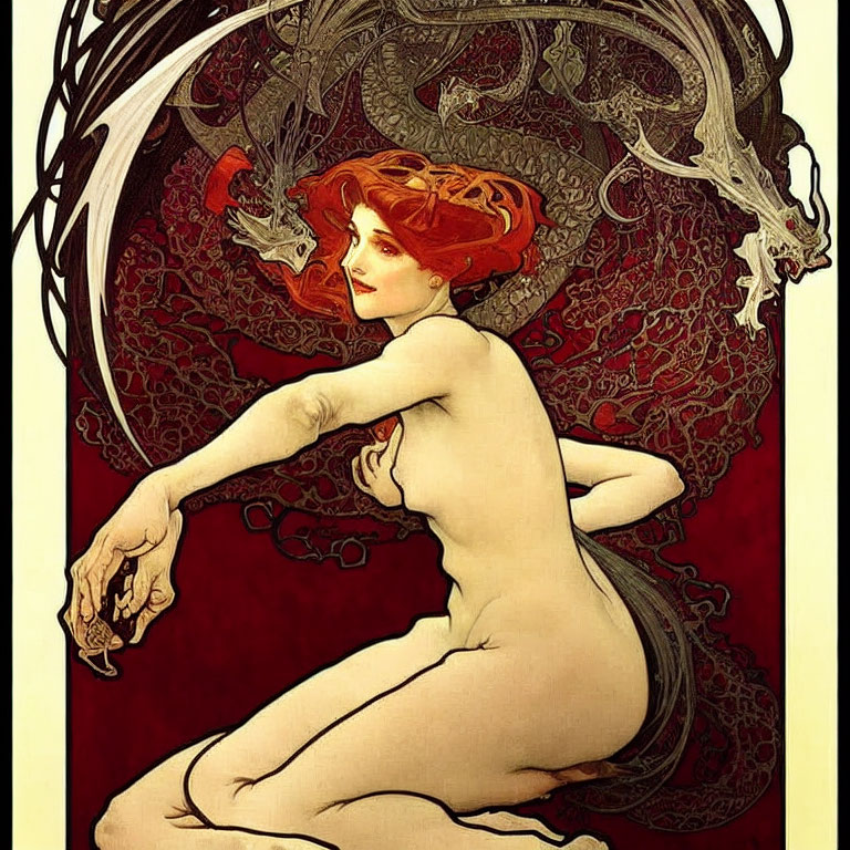 Art Nouveau Style Nude Woman Illustration with Red Hair