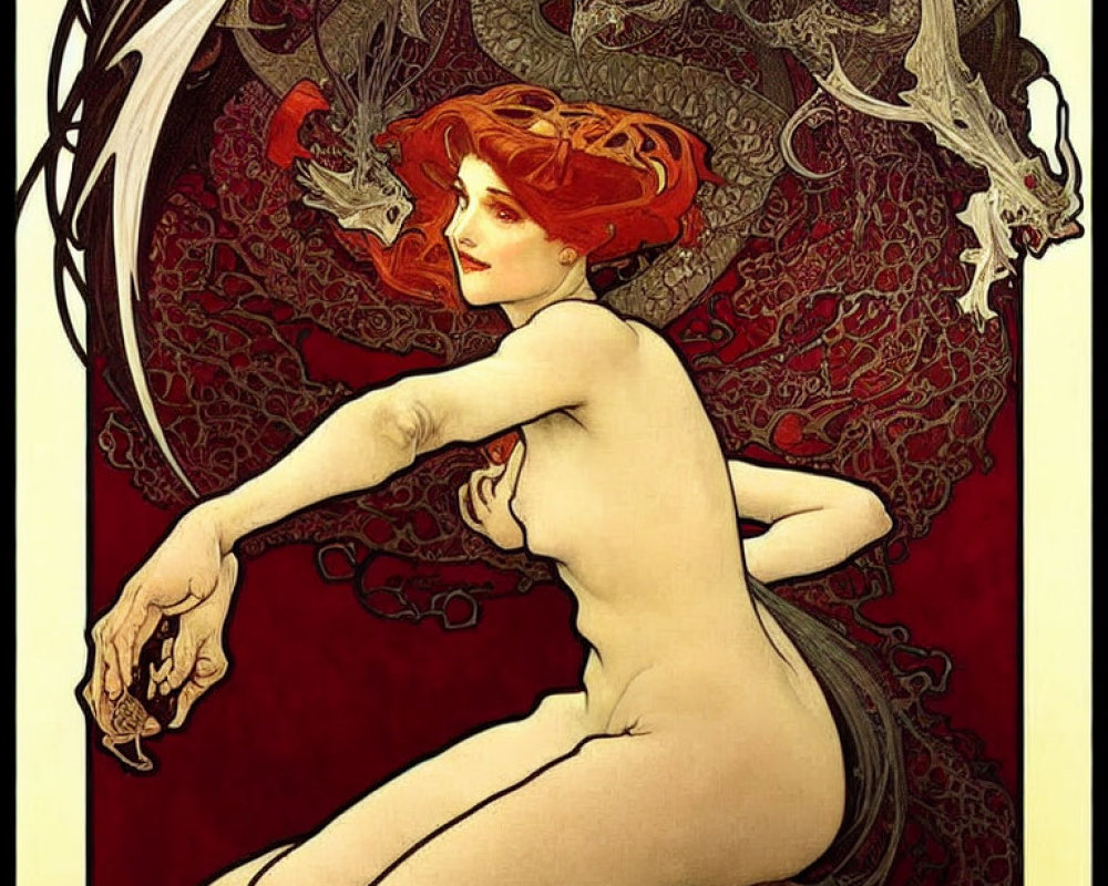 Art Nouveau Style Nude Woman Illustration with Red Hair
