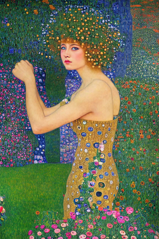 Woman in mosaic-patterned dress surrounded by vibrant flowers in Art Nouveau style