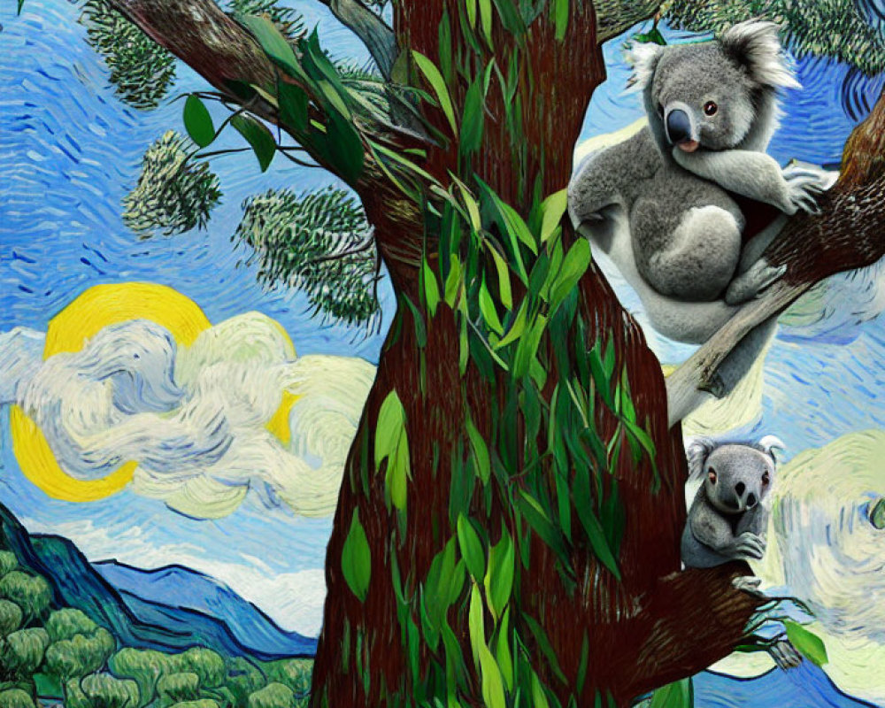Digital Artwork: Van Gogh's "Starry Night" with Koalas on Euc
