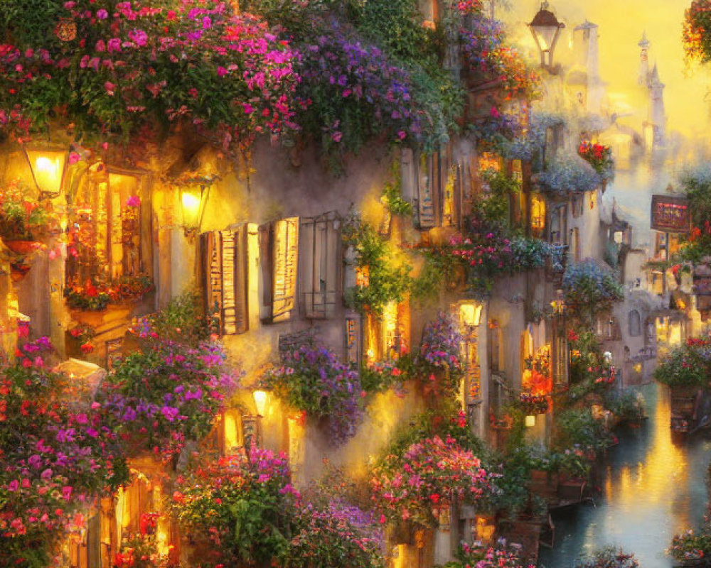 Colorful riverside dusk scene with glowing buildings and gentle stream