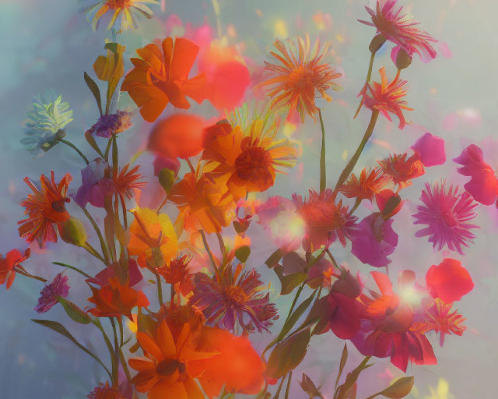 Vibrant colorful flowers in misty background with ethereal light spots