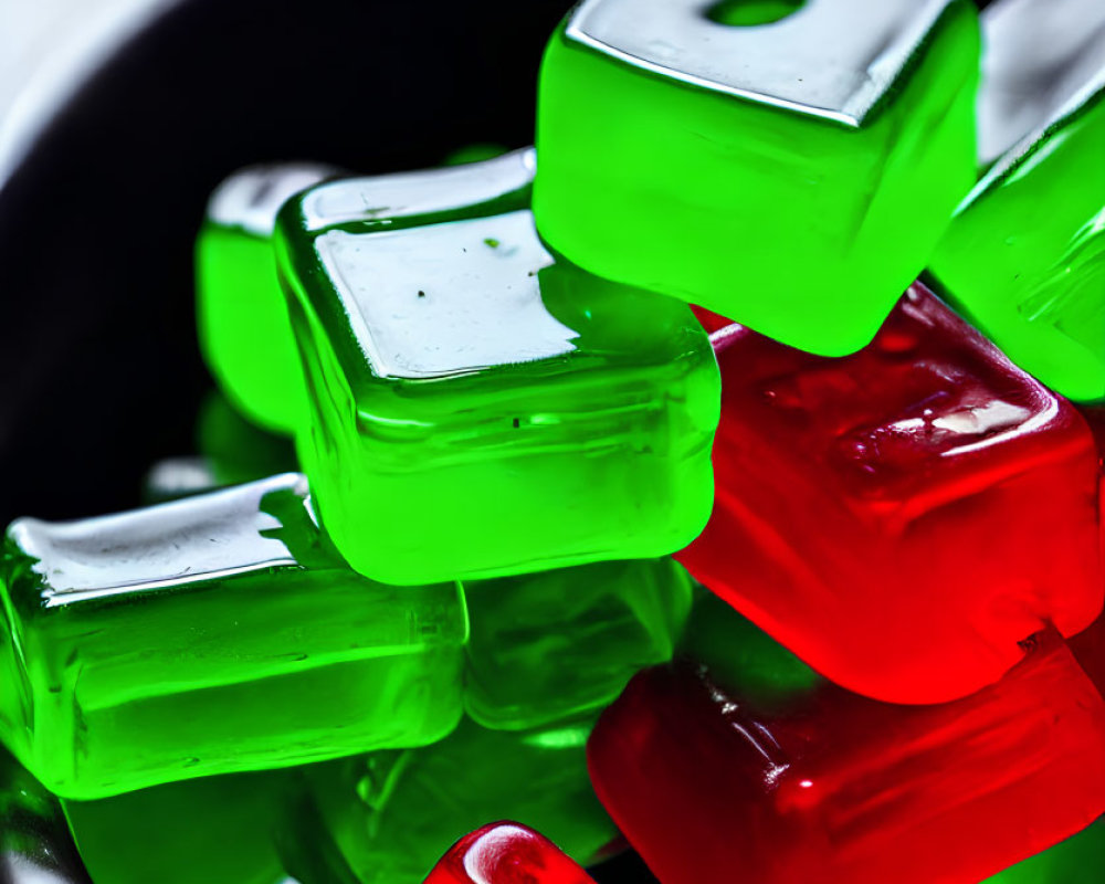 Assorted Red and Green Cubic Gummy Candies in Glossy Black Bowl