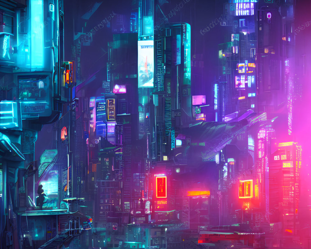 Futuristic neon-lit cityscape with skyscrapers and glowing ads